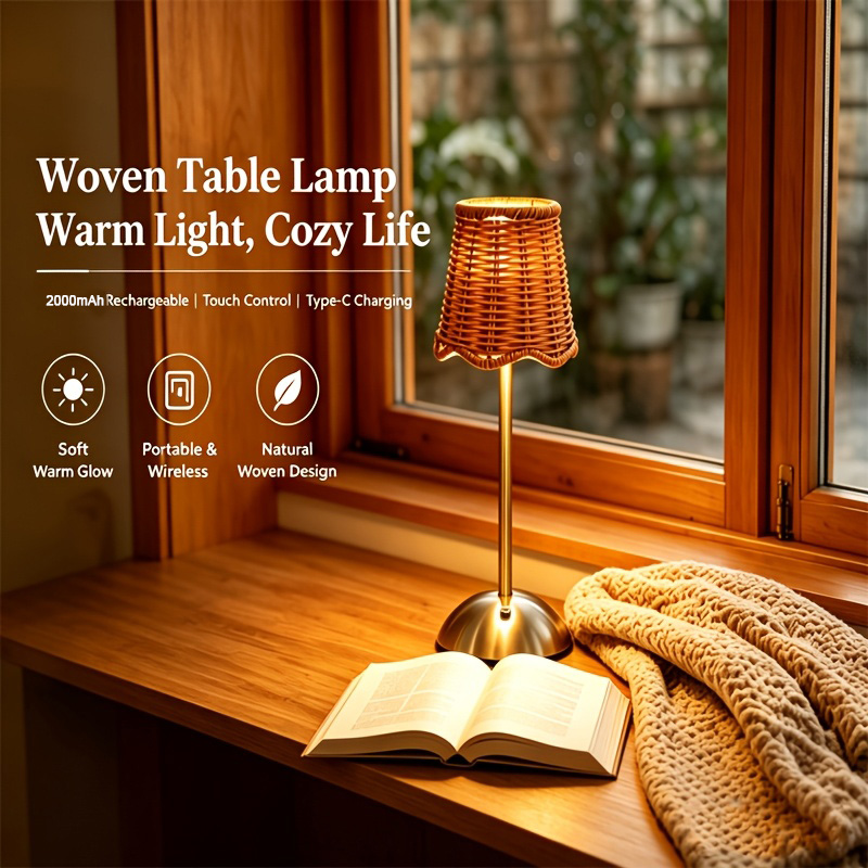 Home Lighting And Decor - Bohemiczna tkana lampa stołowa z rattanu,